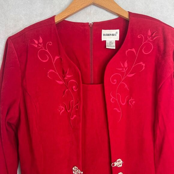 Fashion Bug Power Red Velvet Attached Embroidered Jacket Dress Sz 10P - Picture 3 of 11